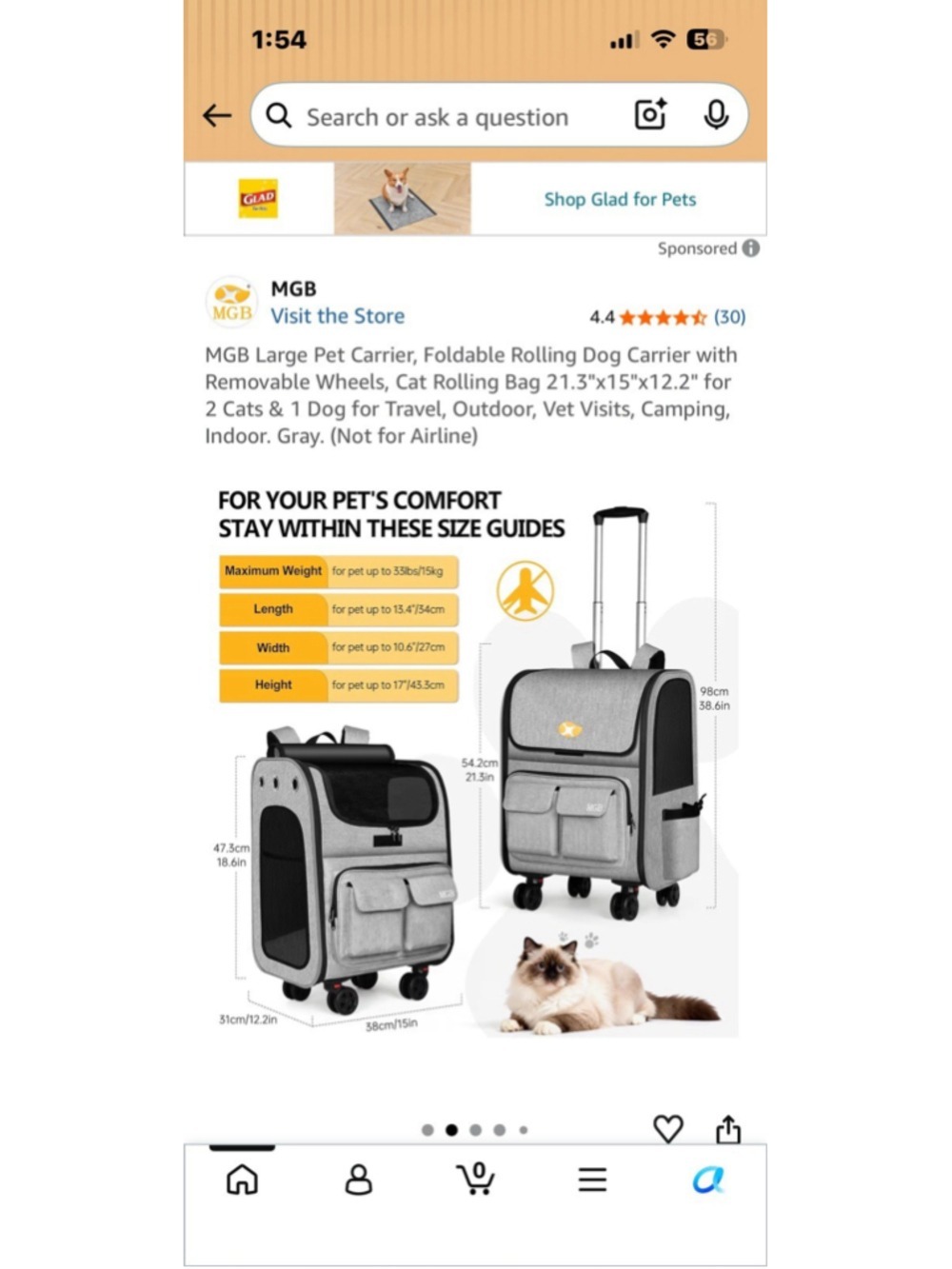 Rolling Pet Carrier Backpack With Wheels Foldable Dog Cat Travel Bag Gray Large - Picture 6 of 11